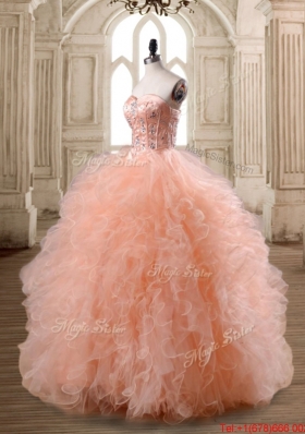 Exclusive Really Puffy Beaded and Ruffled Quinceanera Dress in Peach