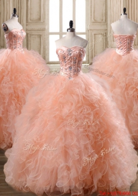 Exclusive Really Puffy Beaded and Ruffled Quinceanera Dress in Peach