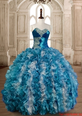 Exquisite Organza Beaded and Ruffled Teal and White Sweet 16 Dress