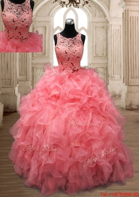 Exquisite Scoop Beaded Watermelon Red Quinceanera Dress with Button Up
