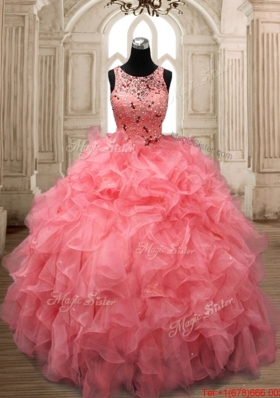 Exquisite Scoop Beaded Watermelon Red Quinceanera Dress with Button Up