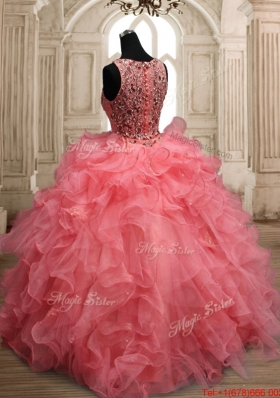 Exquisite Scoop Beaded Watermelon Red Quinceanera Dress with Button Up