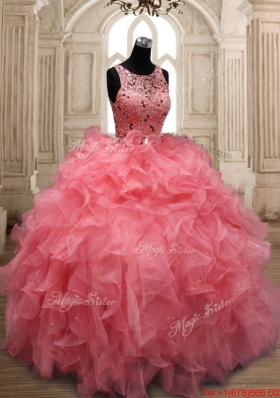 Exquisite Scoop Beaded Watermelon Red Quinceanera Dress with Button Up