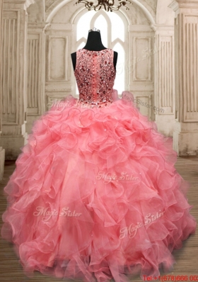 Exquisite Scoop Beaded Watermelon Red Quinceanera Dress with Button Up