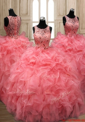 Exquisite Scoop Beaded Watermelon Red Quinceanera Dress with Button Up