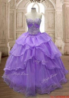 Fashionable Puffy Skirt Sweet 16 Gown with Ruffled Layers and Beaded Bodice