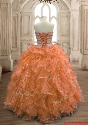 Latest Sweetheart Rust Red Quinceanera Dress with Ruffles and Beading