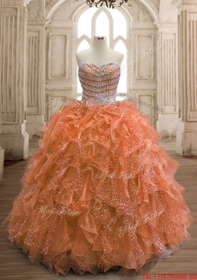 Latest Sweetheart Rust Red Quinceanera Dress with Ruffles and Beading