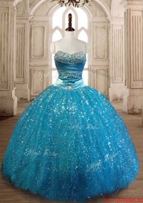 Lovely Teal Sweet 16 Dress with Beading and Sequins