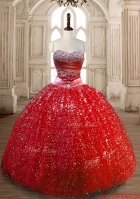 Luxurious Beaded Decorated Skirt Red Sweet 16 Dress with Sequins