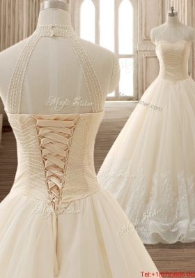 Modern See Through Applique Champagne Quinceanera Dress with High Neck