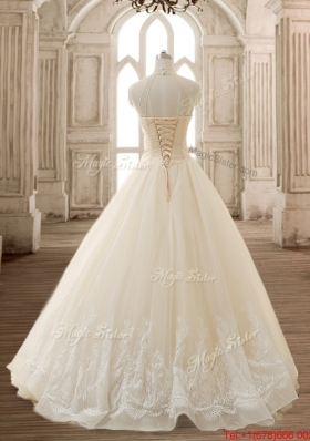 Modern See Through Applique Champagne Quinceanera Dress with High Neck