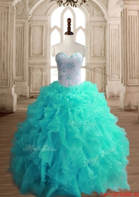 Modest Beaded and Ruffled Organza Quinceanera Dress in Turquoise
