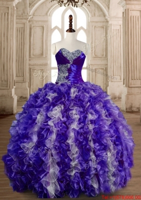 New Arrivals Puffy Beaded and Ruffled Sweet 16 Gown in Purple and White