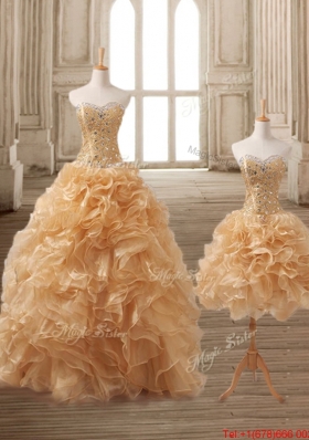 Simple Beaded and Ruffled Gold Detachable Quinceanera Dress in Organza