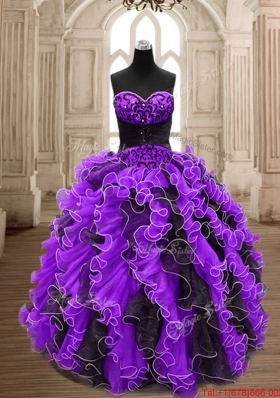 Simple Ruffled Decorated Skirt Organza Quinceanera Dress in Black and Purple