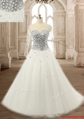 Wonderful See Through Scoop Beaded White Quinceanera Gown with Long Sleeves