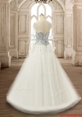 Wonderful See Through Scoop Beaded White Quinceanera Gown with Long Sleeves