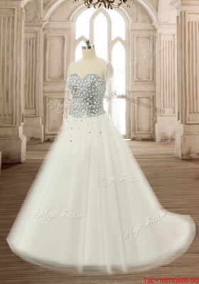 Wonderful See Through Scoop Beaded White Quinceanera Gown with Long Sleeves