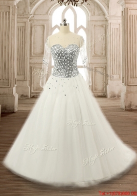 Wonderful See Through Scoop Beaded White Quinceanera Gown with Long Sleeves