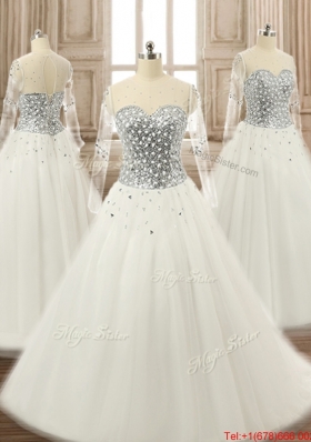 Wonderful See Through Scoop Beaded White Quinceanera Gown with Long Sleeves