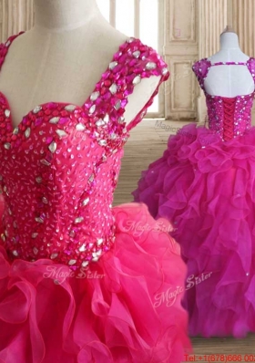 Beautiful Straps Beaded and Ruffled Quinceanera Dress in Hot Pink