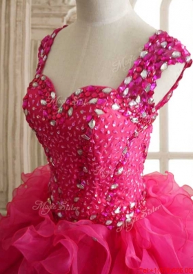 Beautiful Straps Beaded and Ruffled Quinceanera Dress in Hot Pink