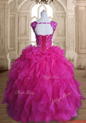 Beautiful Straps Beaded and Ruffled Quinceanera Dress in Hot Pink
