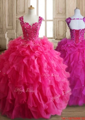 Beautiful Straps Beaded and Ruffled Quinceanera Dress in Hot Pink