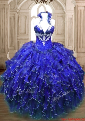Best Halter Top Applique and Ruffled Royal Blue Quinceanera Dress
