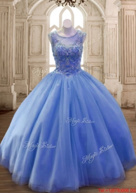 Best Selling Tulle Beaded Blue Sweet 16 Dress with Scoop