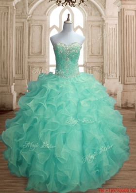 Cheap Really Puffy Beaded and Ruffled Apple Green Quinceanera Dress in Organza