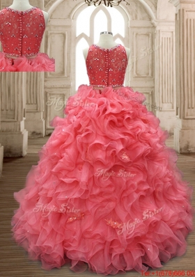 Cheap Two Piece Beaded Watermelon Red Quinceanera Dress with Button Up