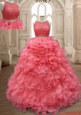 Cheap Two Piece Beaded Watermelon Red Quinceanera Dress with Button Up