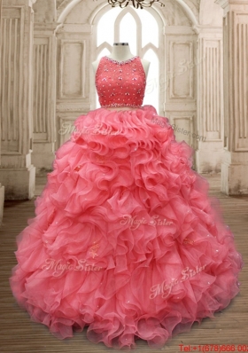 Cheap Two Piece Beaded Watermelon Red Quinceanera Dress with Button Up