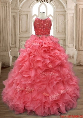 Cheap Two Piece Beaded Watermelon Red Quinceanera Dress with Button Up