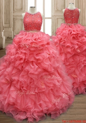 Cheap Two Piece Beaded Watermelon Red Quinceanera Dress with Button Up