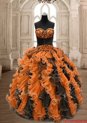 Elegant Ball Gown Orange and Black Quinceanera Dress with Ruffles