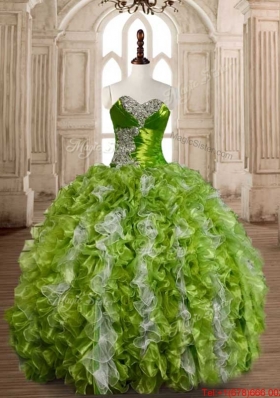 Exclusive Beaded and Ruffled Quinceanera Dress in Olive Green and White