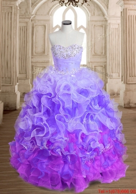 Fashionable Really Puffy Rainbow Colored Quinceanera Gown with Beading and Ruffles