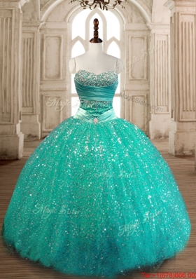Gorgeous Big Puffy Sweetheart Turquoise Quinceanera Gown in Sequined