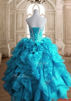 Latest Beaded and Ruffled Teal Quinceanera Gown in Organza
