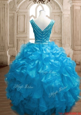 Latest Zipper Up Beaded Bodice Organza Quinceanera Dress in Blue