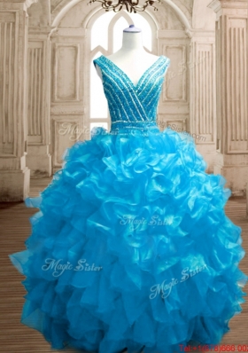 Latest Zipper Up Beaded Bodice Organza Quinceanera Dress in Blue