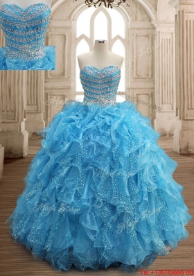 Luxurious Beaded and Ruffled Quinceanera Dress in Aqua Blue