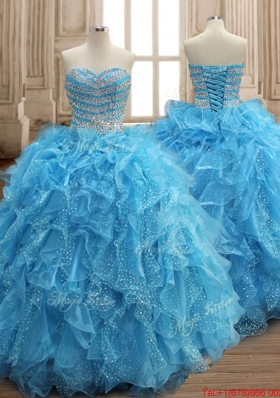 Luxurious Beaded and Ruffled Quinceanera Dress in Aqua Blue