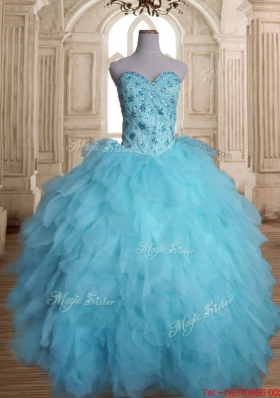 Modest Beaded and Ruffled Baby Blue Quinceanera Dress in Tulle