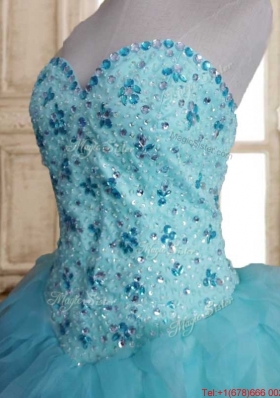 Modest Beaded and Ruffled Baby Blue Quinceanera Dress in Tulle