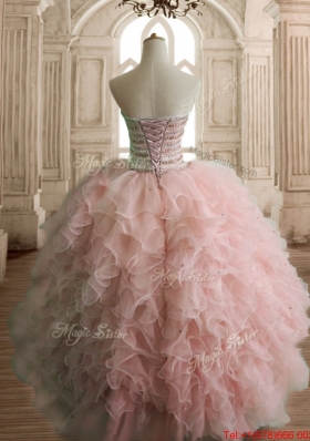 Perfect Beaded and Ruffled Organza Quinceanera Dress in Peach