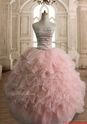 Perfect Beaded and Ruffled Organza Quinceanera Dress in Peach